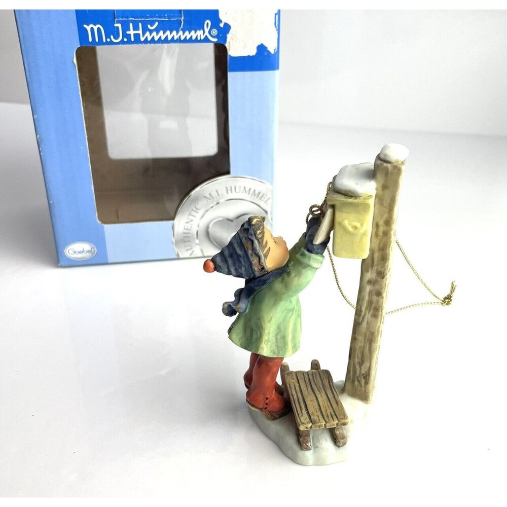 Hummel Christmas Ornament LETTER TO SANTA Porcelain Boy with Sled Box